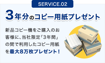 3年分のコピー用紙プレゼント。新品コピー機ご購入のお客様に、当社限定の「3年間」の間で使用したコピー用紙を最大8万枚プレゼント